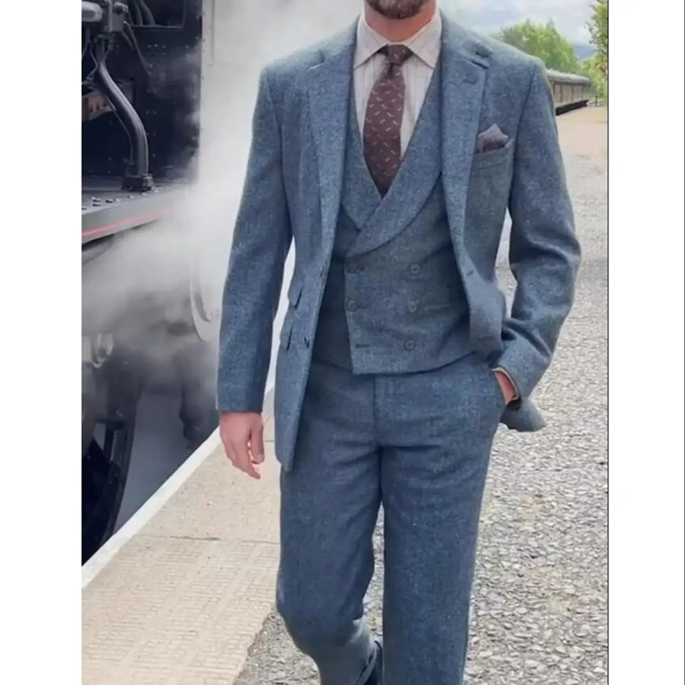 

3 Piece Brown Grey Tweed Herringbone Men's Suits Slim Fit Groom Tuxedos Prom Blazer Custom Jacket