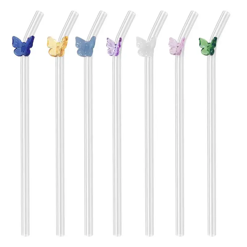 

Butterfly Glass Straws Set Reusable Clear For soft Cocktails Drinking Eco Friendly Bar Tools Drinkware Colorful Straws Bar