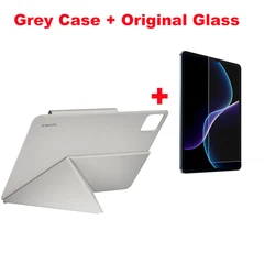 Premium PU Leather Flip Cover for Tablets - Smart Protective Shell with Original Design (Grey with Glass)