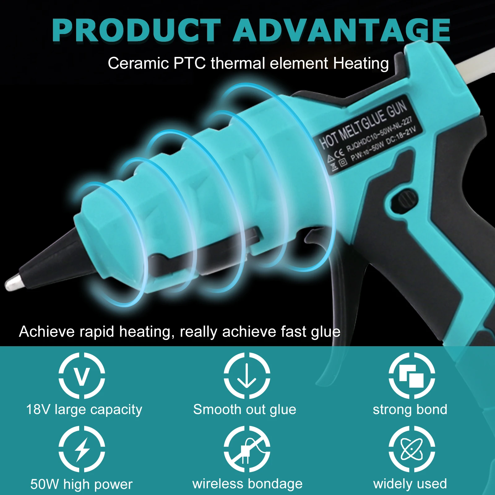 50W Cordless Hot Glue Gun for Makita 18V Battery with 30pcs 7mm Sticks 30s Quick
