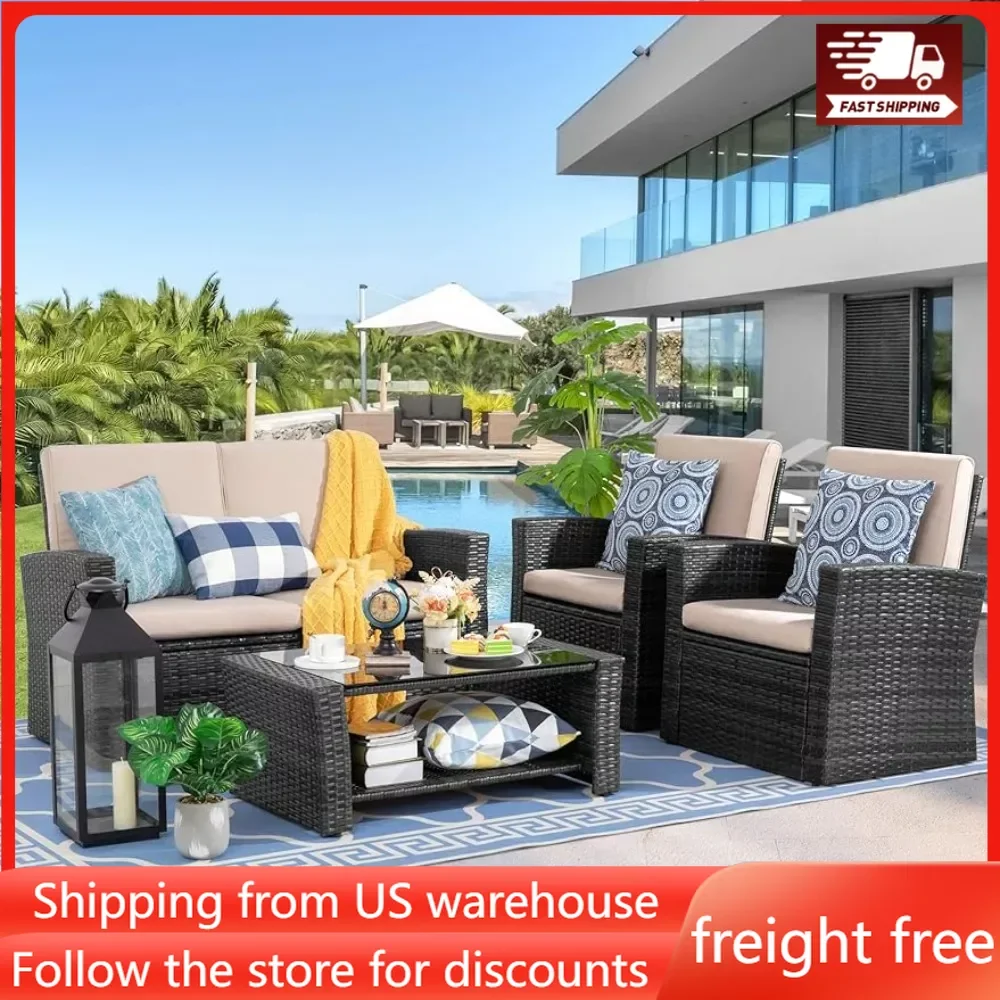 

4-Piece Outdoor Patio Furniture Set,Wicker Rattan Sectional Sofa Couch with Glass Coffee Table|Black Easy Cleaning and Stronger