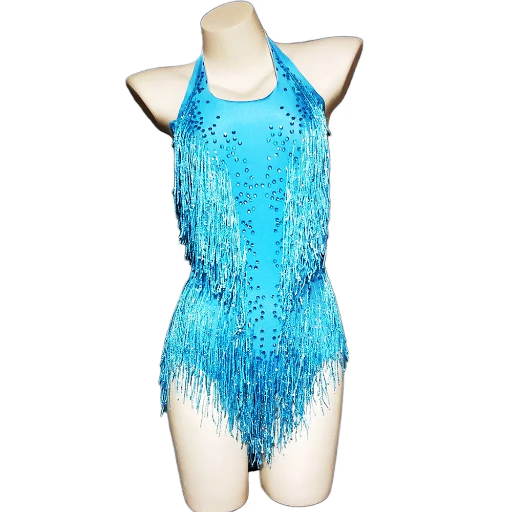 

Multicolored Shining Rhinestones Tassel Halter Backless Sexy Women Dress Latin Jazz Ballroom Clothing Nightclub DJ Wears