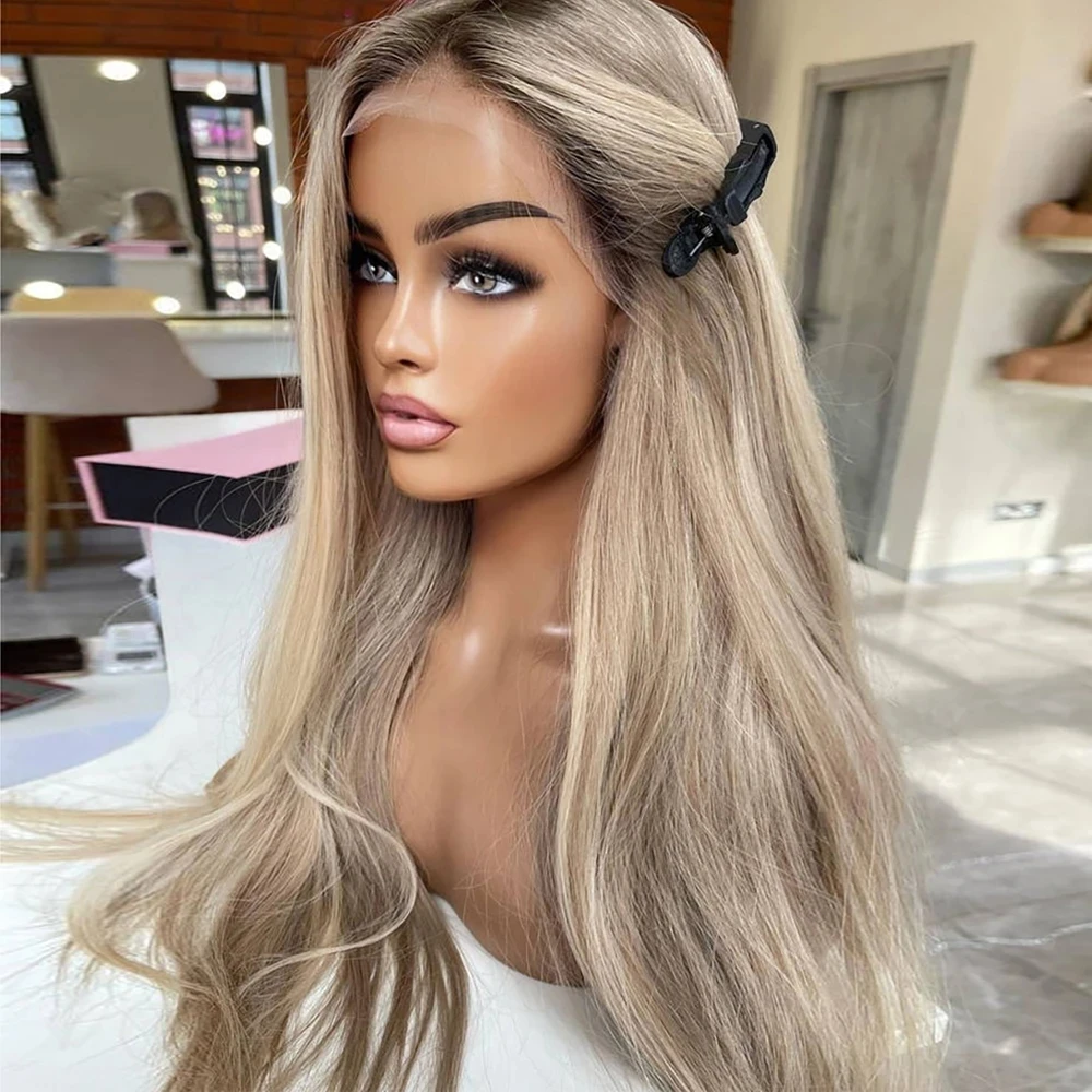 

Ash Blonde Ombre Straight Synthetic Hair Lace Front Wigs Highlight Glueless Lace Wigs with Baby Hair Pre Plucked Fiber Cosplay