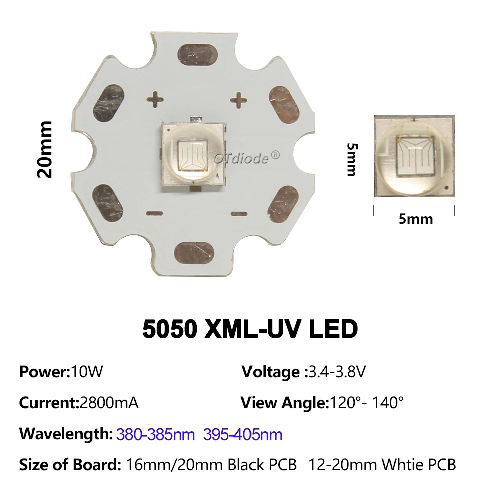 1 pcs epileds 5050 xml 10 w uv 보라색 365nm 395nm 12mm14mm 16mm 20mm pcb 보드에 에미 터 램프 빛 3.4-3.8 v 2800ma 주도