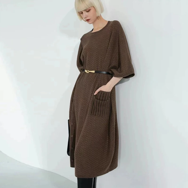 

Autumn Winter New Women's Elegant Sweater Dress Fashion Loose Round Neck Mid Sleeve Knit Dress Show Thin Long Woollen Sweater