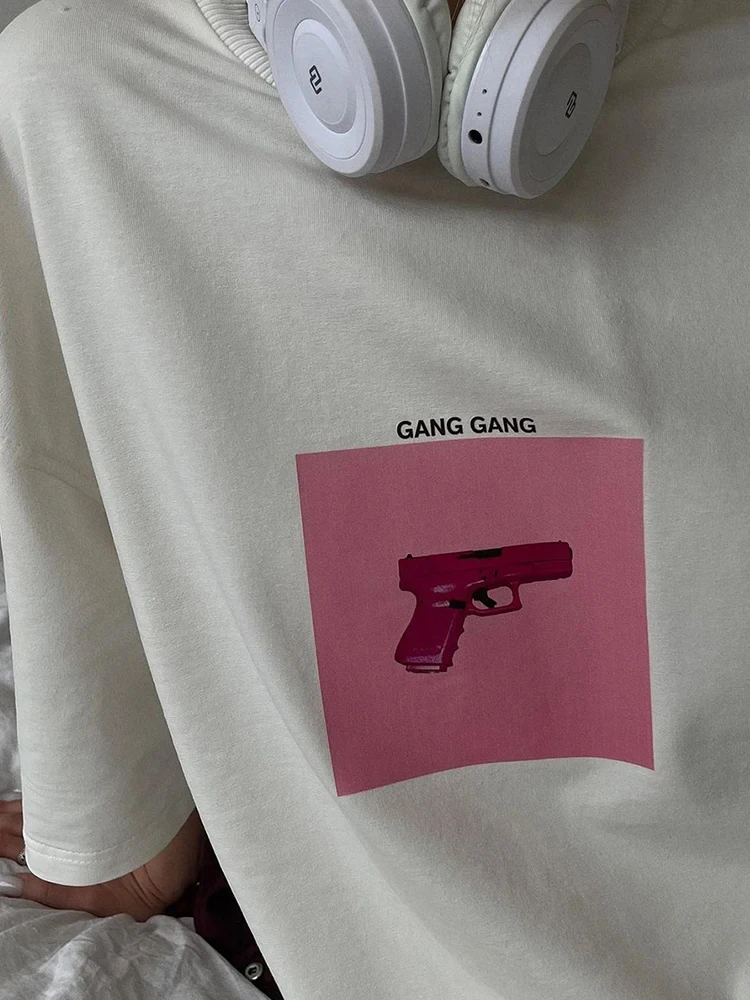 GANG GANG GANG 프린트 티셔츠 여성용, 여름 캐주얼 라운드넥 티, 빈티지 스트리트 스타일, 하라주쿠 의류 티