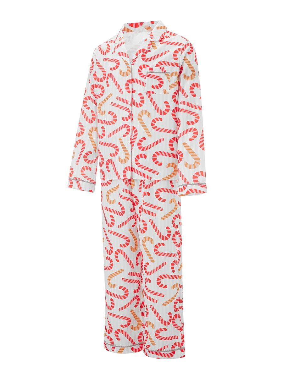 thumbnail image 5 of Conjunto de pijama navideño a juego para toda la familia, con estampado de bastones de caramelo, manga larga, cuello de solapa, pantalones, ropa de estar por casa, 5 of 5