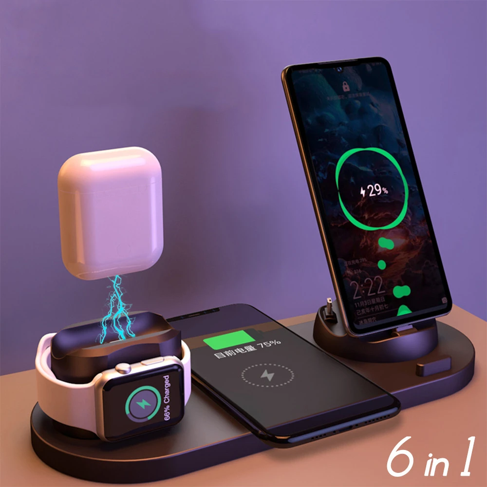 apple watch and phone charger New 6 in 1 Wireless Charger For Apple Watch 6 5 4 3 iPhone 12 11 X XS XR 8 Airpods Pro Samsung Xiaomi 10W Qi Fast Charging Stand samsung wireless charger trio