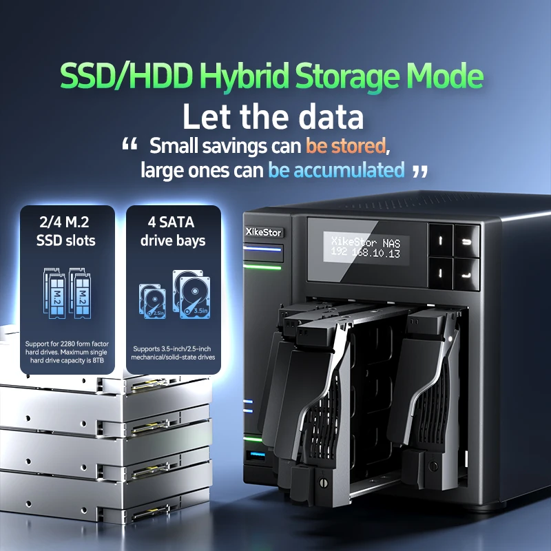 XikeStor DIY NAS 서버 4베이 SATA 2x M.2 NVMe SSD 10G&2.5GbE 듀얼 LAN 포트 홈 오피스용 스토리지