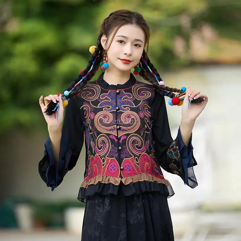 

2023 chinese national style new jacquard embroidery stand collar short style vest jacket top daily fashion chinese blouse s154