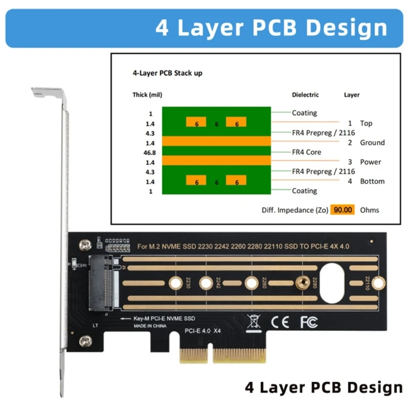 M.2 PCIe용 M-키-PCI-Expressx4 x16 어댑터 전속력용 NVMe