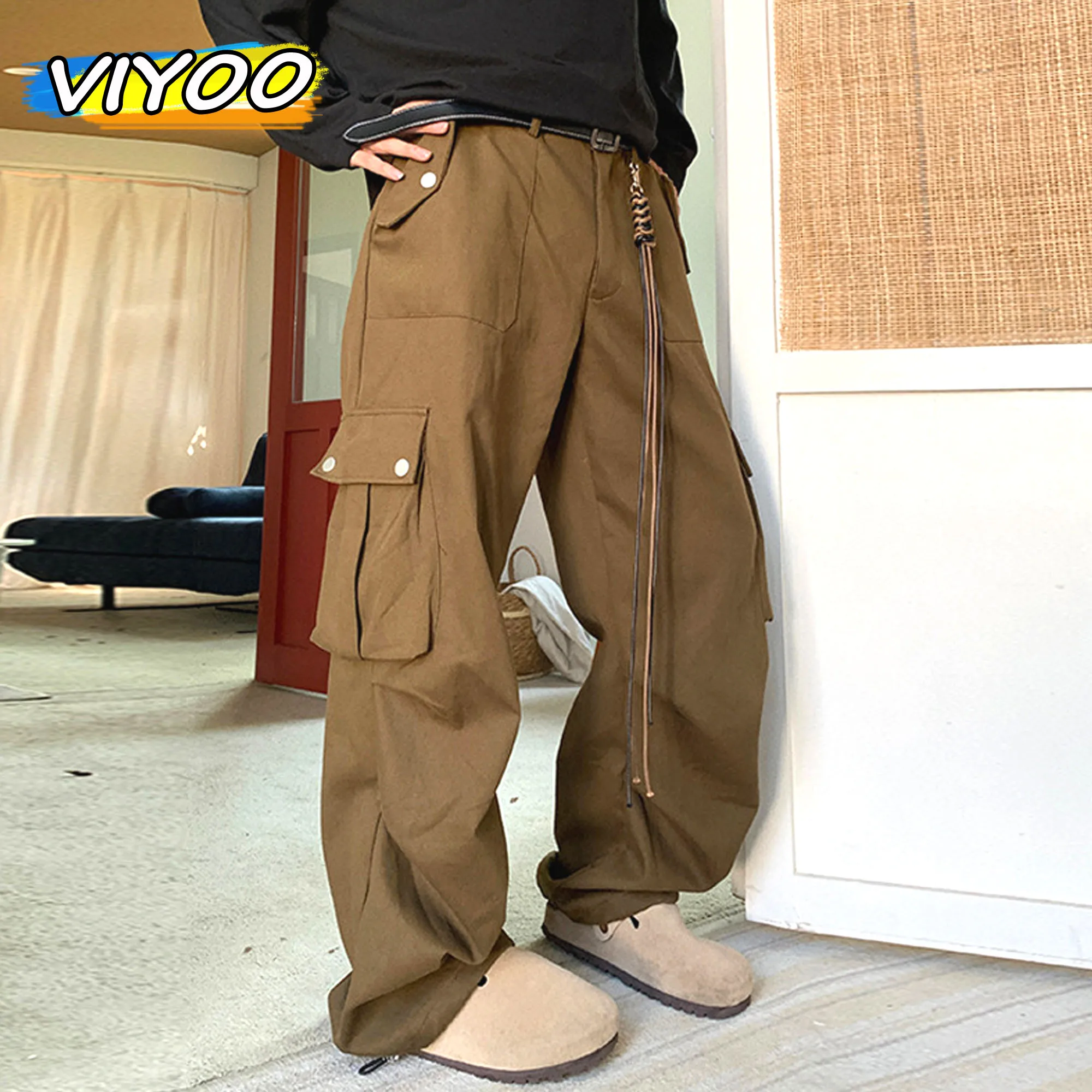 

Korean Style Men's Y2k Traksuits Brown Wide Leg Baggy Cargo Pants Japan Tech Wear Trouseres Sweatpants Straight Track Pants