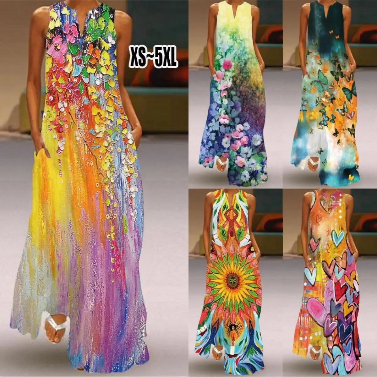 

2024 Summer Sleeveless Printed Dress Women Ankle-Length V-Neck Skirt Casual Colorful Flowarl Dress for Commuting Office Lady