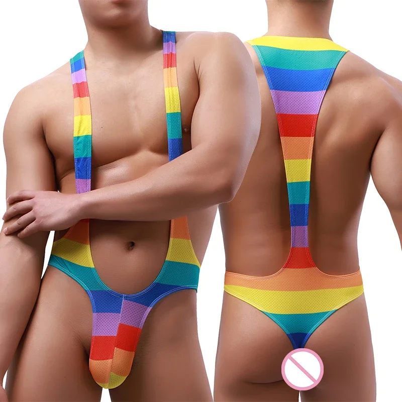 Men Printed Undershirts Underwear Jockstrap Mesh Penis Pouch Jumpsuits Wrestling Singlet Rompers Sheer Bodysuits Slip Nightwear