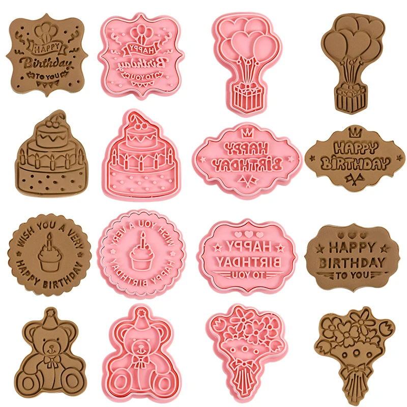 

8Pcs/Set Happy Birthday Theme Cookie Cutter Cake Bear Flower Biscuit Mold Cookie Stamp Baking Pastry Bakeware For Birthday Party