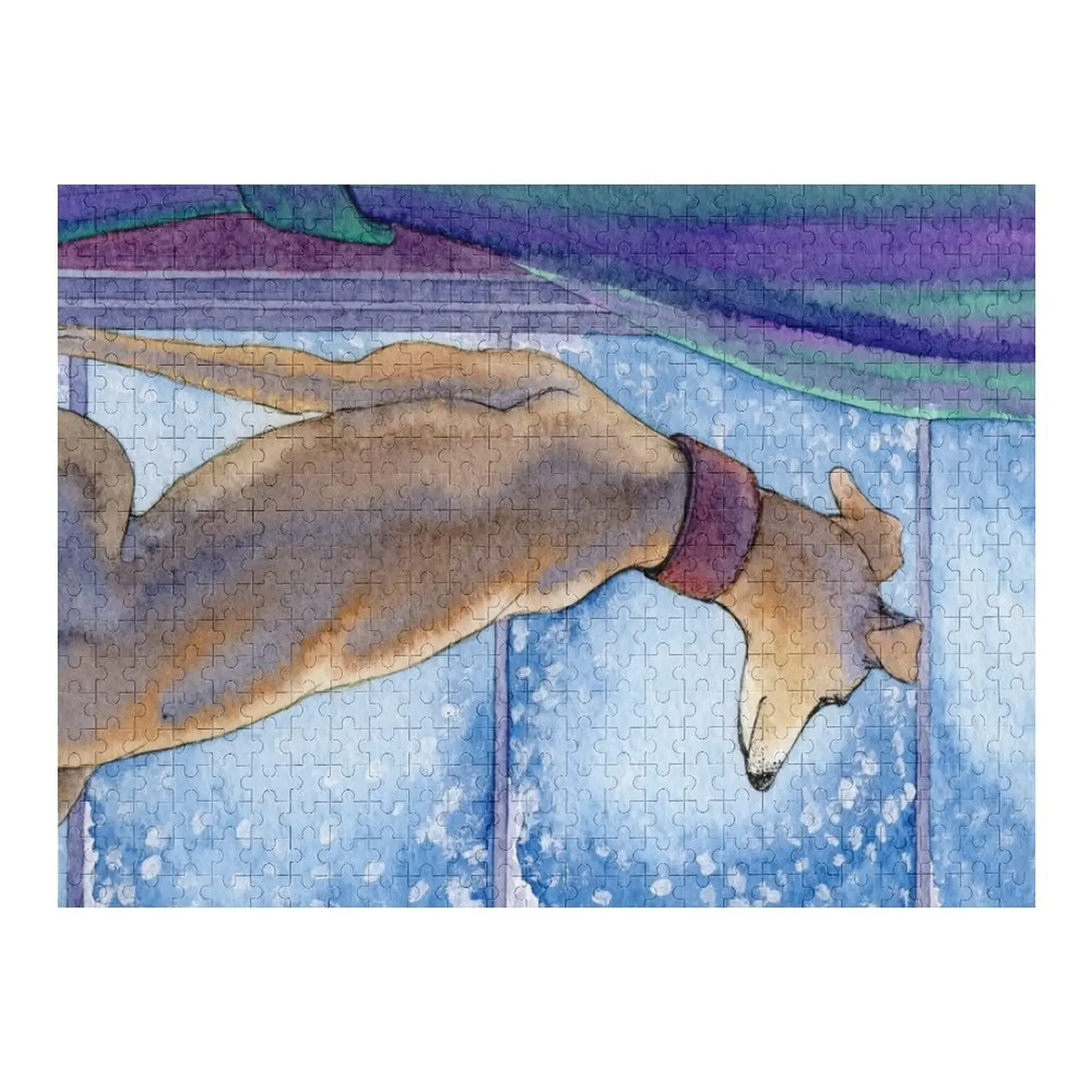 

Greyhound dog sits in the warm watching the snow fall outside Jigsaw Puzzle Anime Wood Photo Personalized Iq Puzzle