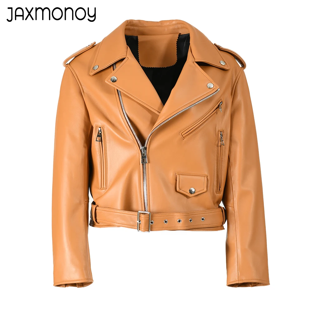 

Jaxmonoy Women's Real Leather Jacket Spring Fashion Genuine Leather Moto Biker Zipper Jacket Ladies Sheepskin Coat With Belt