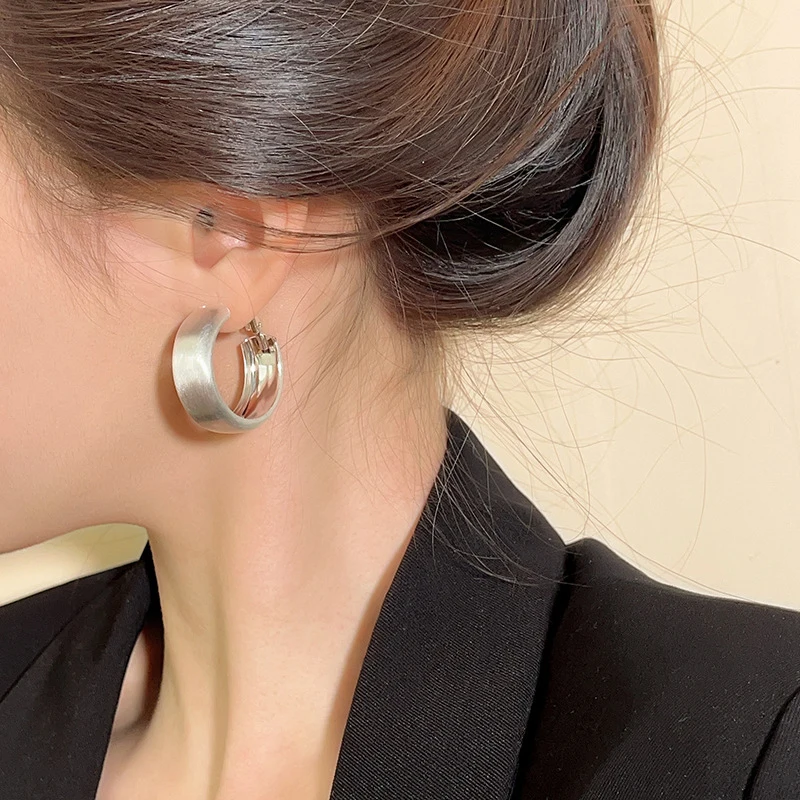 Orecchini a cerchio robusti in metallo liscio alla moda in acciaio inossidabile per donna Orecchini esagerati a doppio cerchio vintage a doppio strato  36
