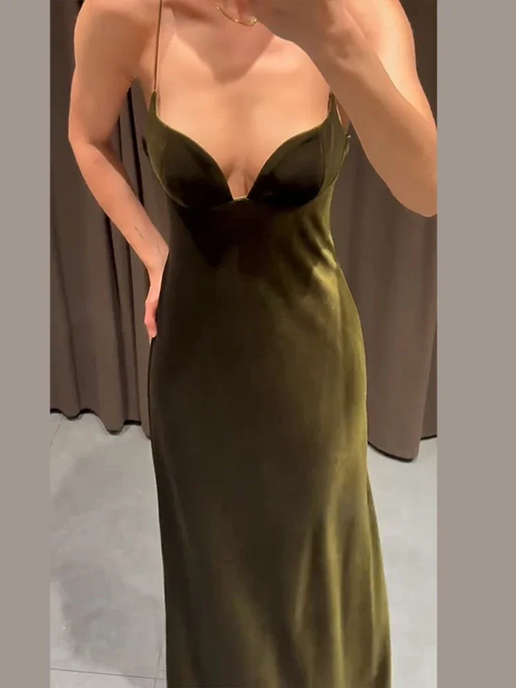 Damen-Maxikleid, olivgrün, Samt, tiefer V-Ausschnitt, ärmellos, schmale Robe, Herbst-Winter, Damen, Abendessen, Partys, Abendkleider – Detail 1