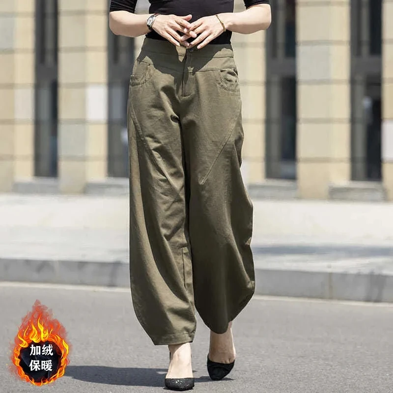 

2023 New Cotton Add Velvet Lantern Pants Women's Casual Loose Leg Pants High Waist Art Army Green Pants Bloomers Trousers 4XL