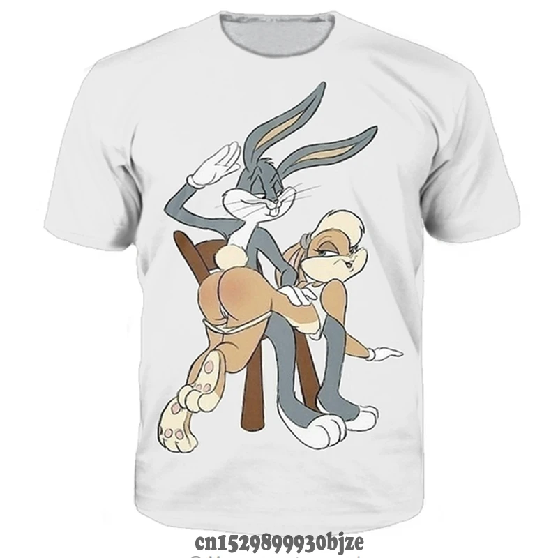 Men's 100% Cotton T Shirt Popular New Fashion Couple Men Cartoon Rabbit Funny 3D Print No Cap Fashion Summer Men's T shirt