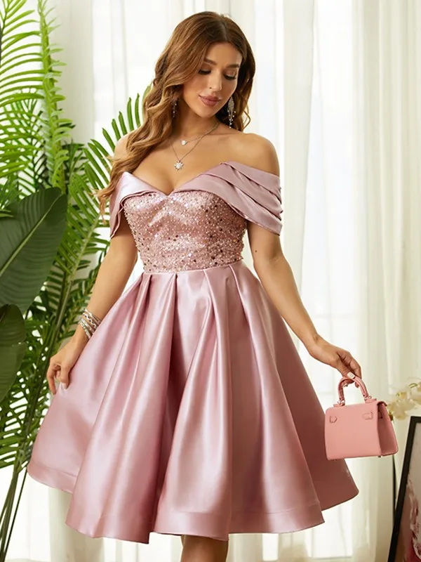 

Short Prom Dresses Satin Pink Sequined Beaded Sequined Sparkly Off Shoulder A Line Formal Party Evening Gowns Cocktail Dress