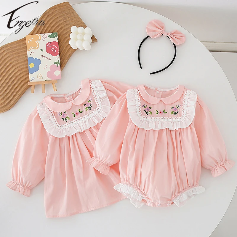 

Korean Style Girls Sister Clothes Baby Rompers+Hair Band 2pcs Kids Girls Long Sleeves Flowers T-Shirt Spring Autumn Clothes