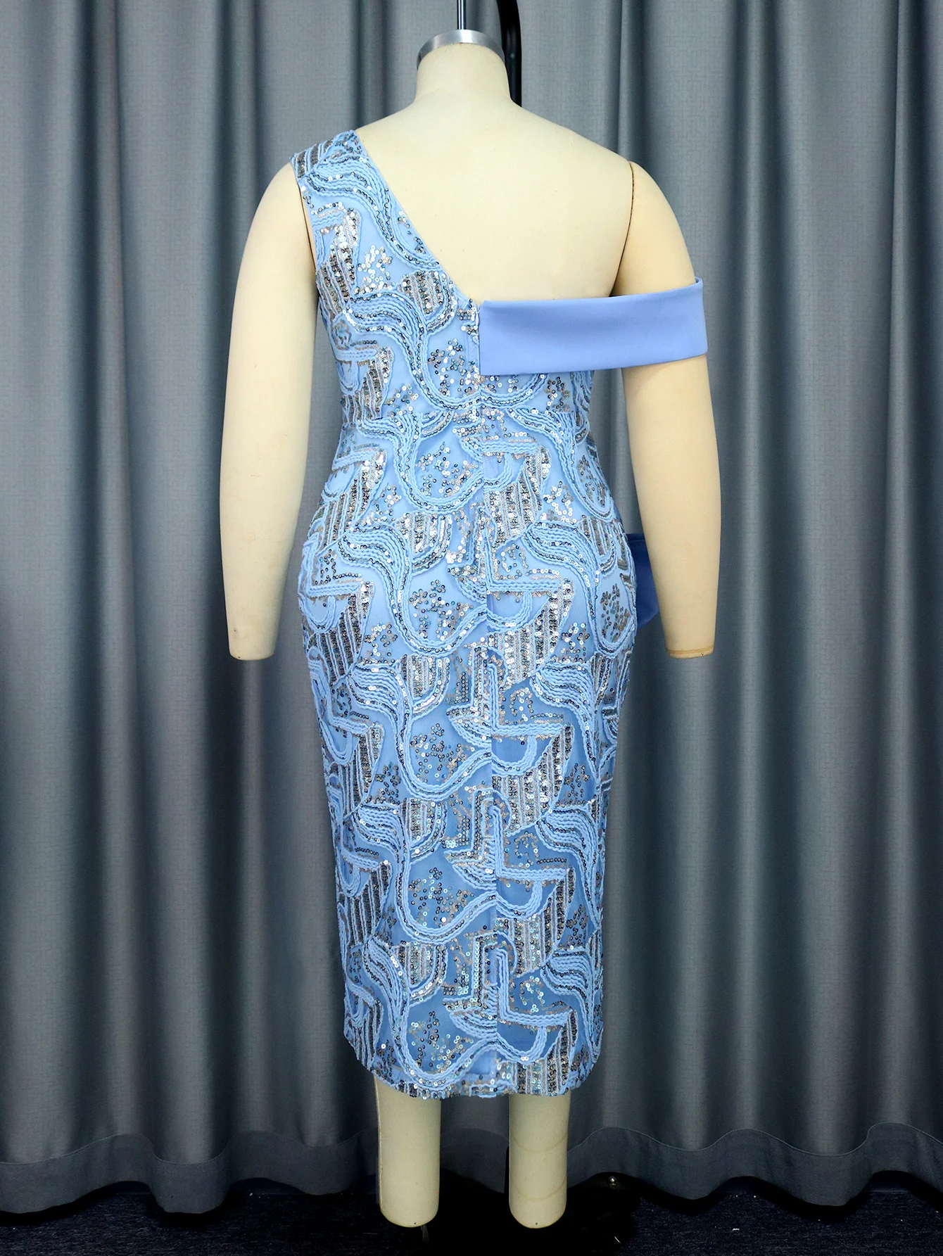 ONTINVA Luxury Party Dresses for Women Plus Size Blue One Shoulder Irregular Sleeveless Bodycon Sequins Evening Midi Gowns 4XL