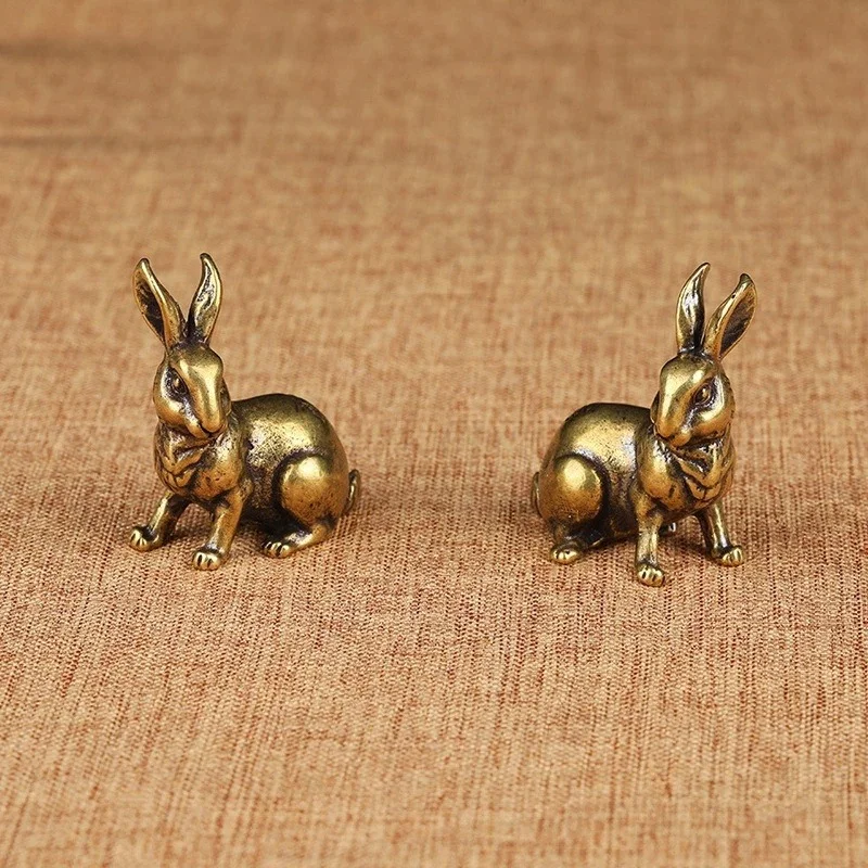 

1 Pair Antique Copper Zodiac Lucky Rabbit Statue Ornaments Vintage Solid Brass Animal Miniature Figurine Tea Pet Desk Decoration