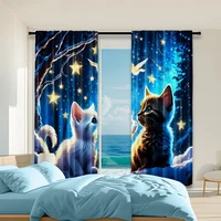 2Pcs Adorable Cat And Star Print Polyester Window Curtains Rod Pocket Design For Easy Hanging Home Decor Perfect For Bedroom 1