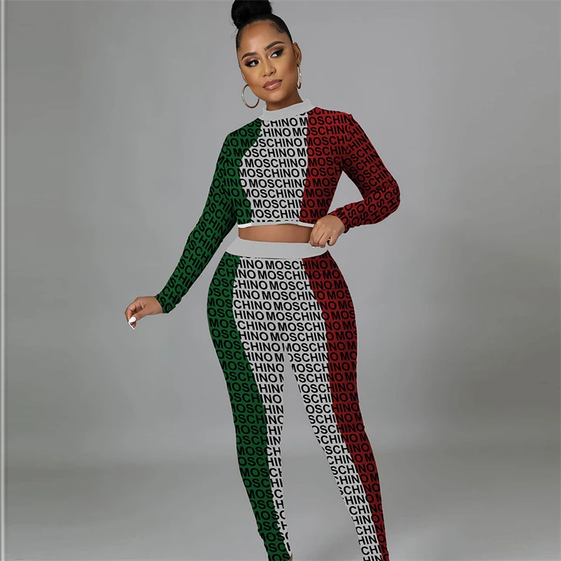 

Letters Print Ribbed Two Piece Set 2022 Autumn Winter Women Casual Color Patchwork Suits Long Sleeve Crop Top Pencil Pants