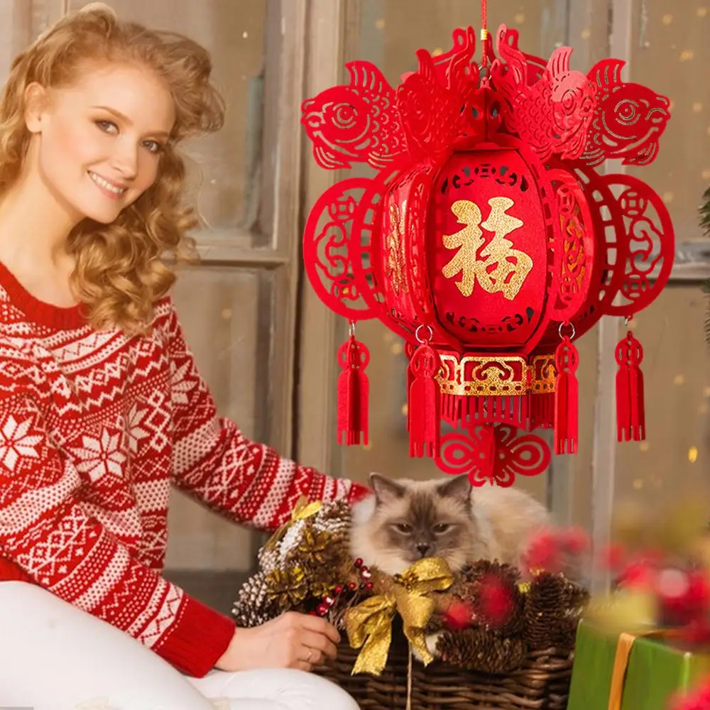 Chinese New Year Lanterns Lucky Non-woven 3D Puzzle Lantern with Chinese Red Fu 2024 Spring Festival Decorations Hangings