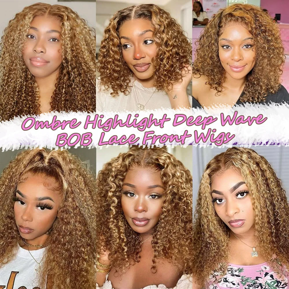 250% Density Bob Wig Human Hair Highlight Ombre 13x4 lace Front Wig Human Hair  Pre Plucked with Baby Hair for Black Women