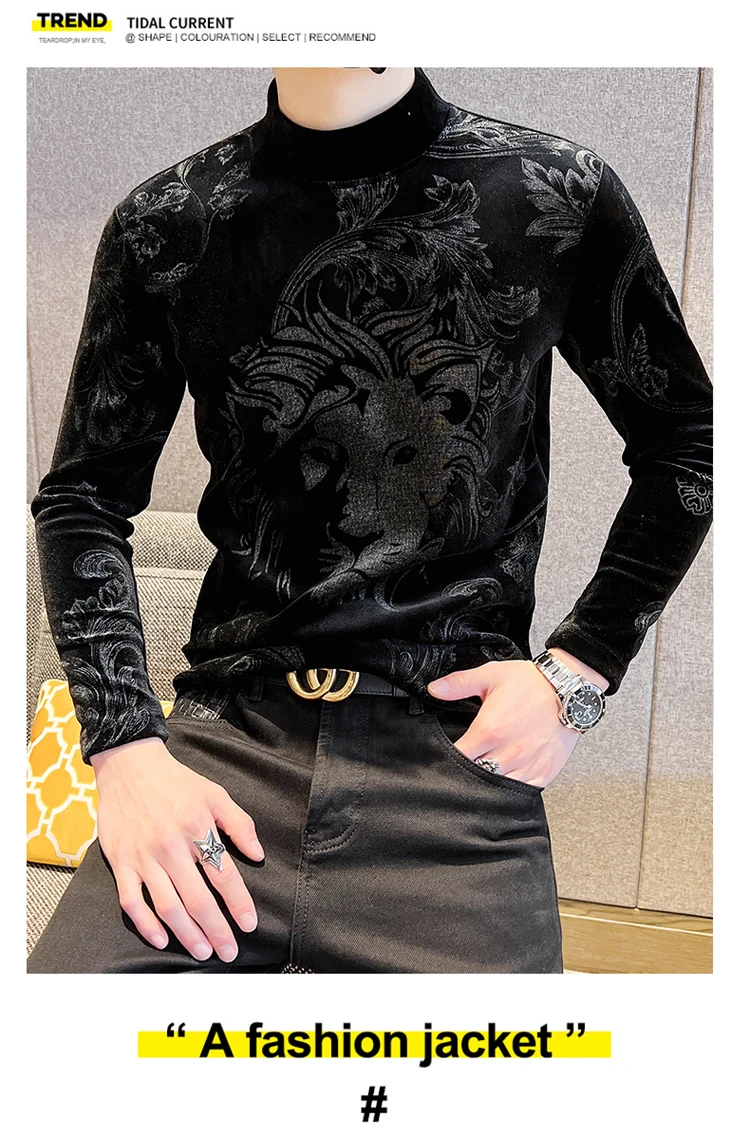 【2plan】Growing Printing Velvet Long Sleeve T-shirt Wholesale Velvet Turtleneck Mens Long Sleeve T Shirt, Casual