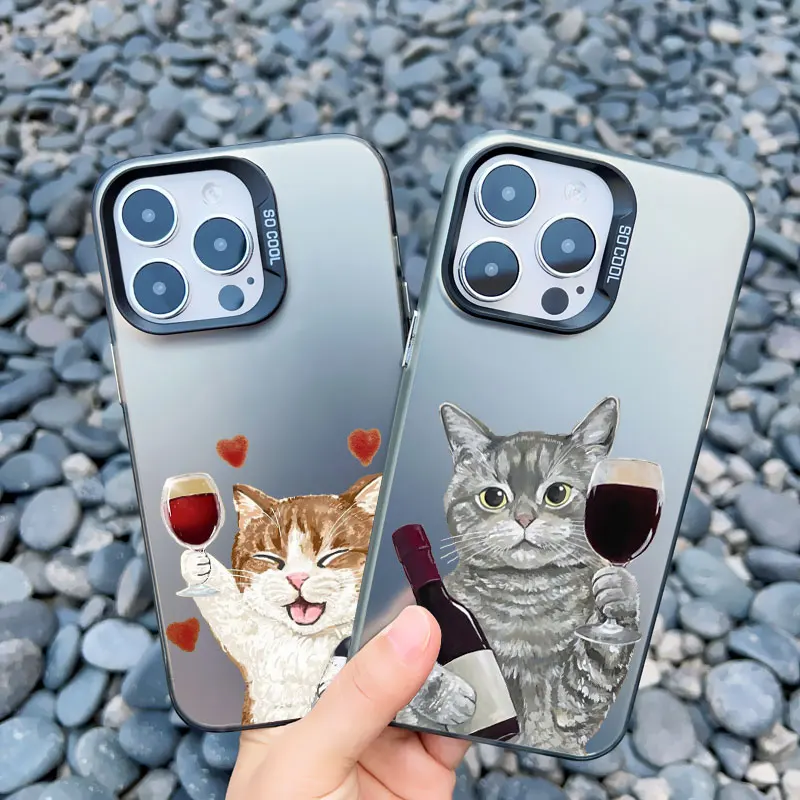 Chic Red Wine Glass & Cute Cat Shockproof Laser Phone Case Cover
