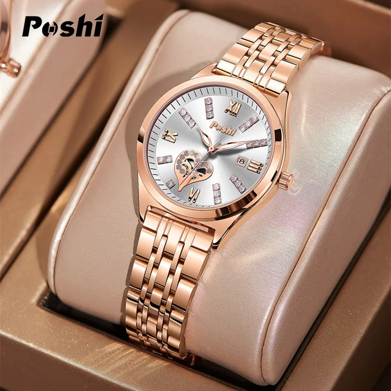 POSHI Women Watches Fashion Stainless Steel Date Ladies Wristwatch Waterproof Quarzt Watch Girlfriend Gift Relogio Feminino 2