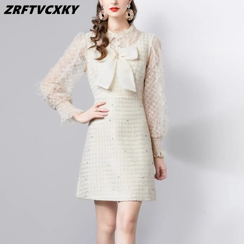 

Fashion Beaded Bowknot Mesh Spliced Tweed Mini Dresses Women Luxury Mesh Embroidery Long Sleeve Temperament Sweet Dress