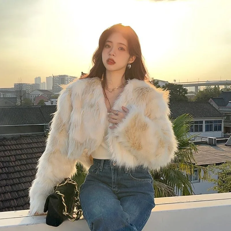 Women's Faux Fox Fur Coat, Gradient, Loose, Thicken, Warm, Casual Outwear, V-neck, Female Temperament, Winter Fashion, New, 2024