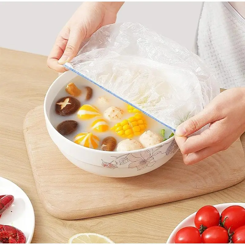 Description Picture 5 of item100PCS Disposable Plastic Wrap Tear Free Colored Food Grade Size Plates Universal Elastic Food Cover Shower Cap Kitchen Storage