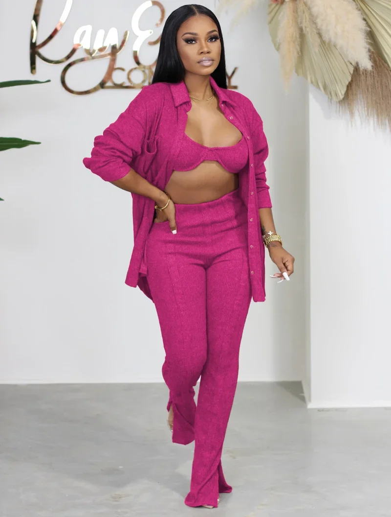 

Трикотажный зимний женский комплект KEXU в рубчик, Кардиган с длинным рукавом + бюстгальтер + расклешенные брюки, комплект из трех предметов, спортивный костюм