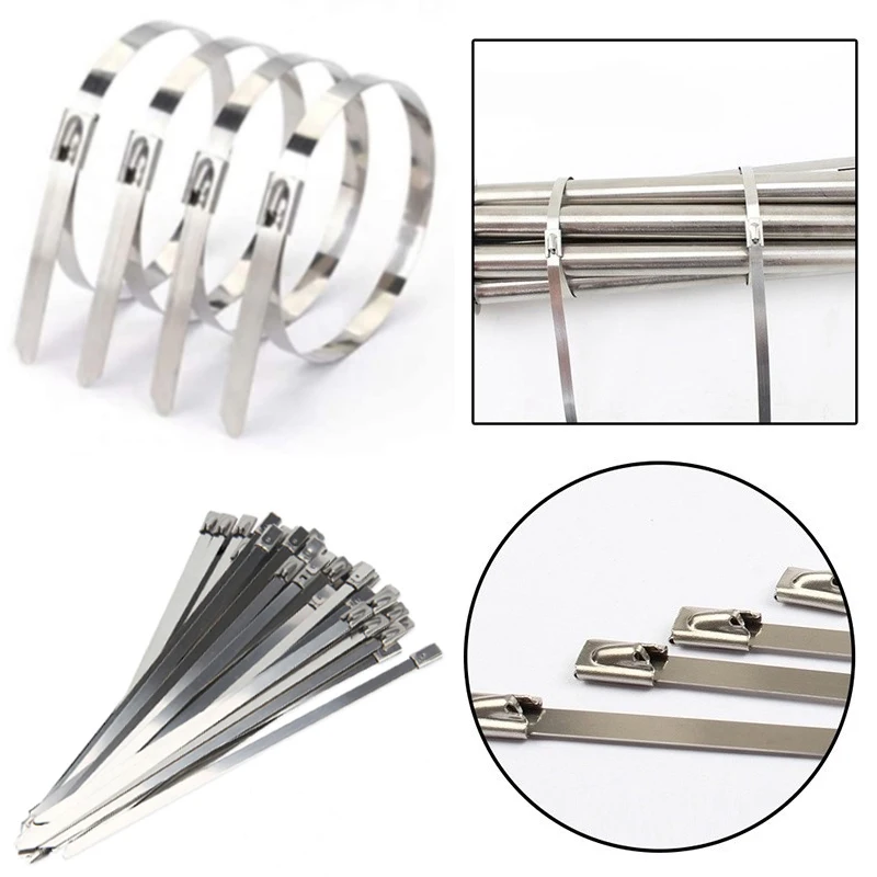 Cable Ties 304 Stainless Steel Metal Exhaust Wrap Coated Locking Zip-Exhaust Multifunctional 10/25Pcs