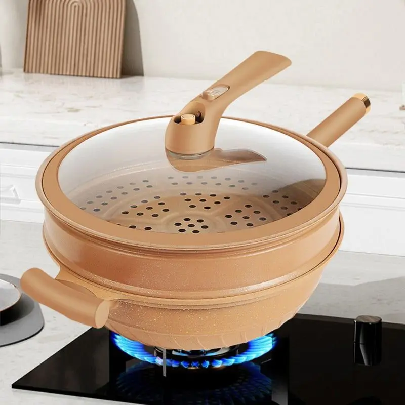 

32CM Non-Stick Clay Wok With Steamer Basket Clay Wok Micro-pressure Wok Multifunctional Non-stick Household Frying Pan Induction