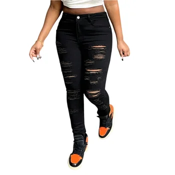 Alternative view of Pantalones vaqueros rasgados negros para mujer, pantalones pitillo vaqueros de cintura alta a la moda, pantalones…