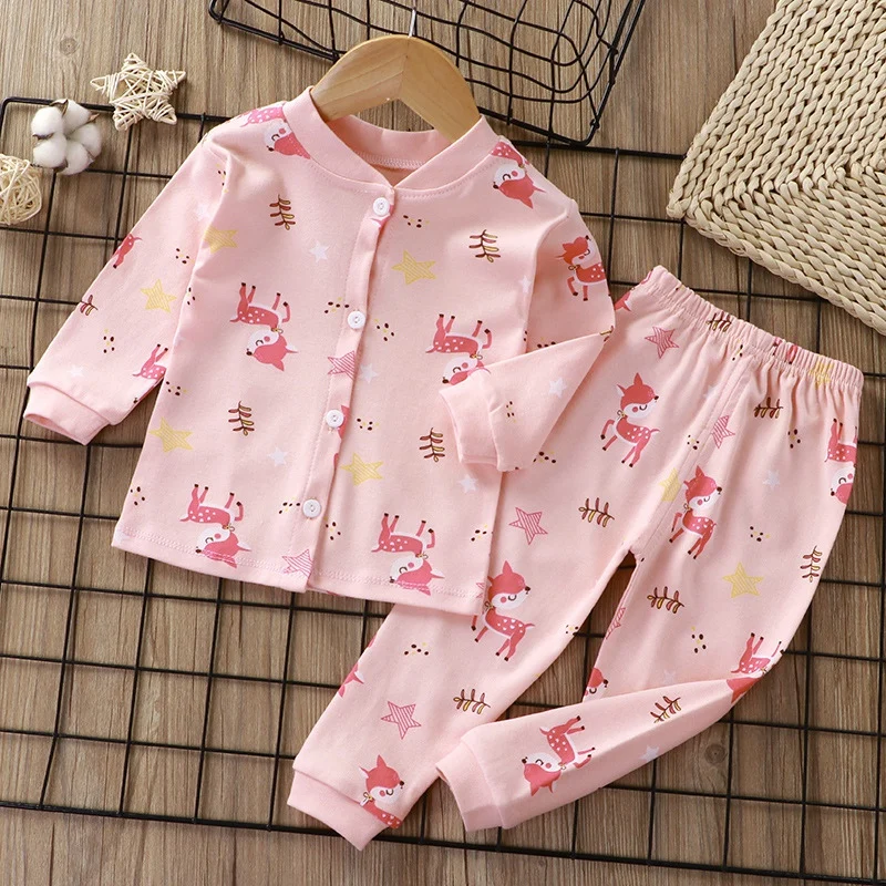 Traje de pijama de algodón para niños y niñas, ropa de dormir lisa y suave, agradable para la piel con estampado de dibujos animados, conjunto de pijama de manga larga, 2-12 años