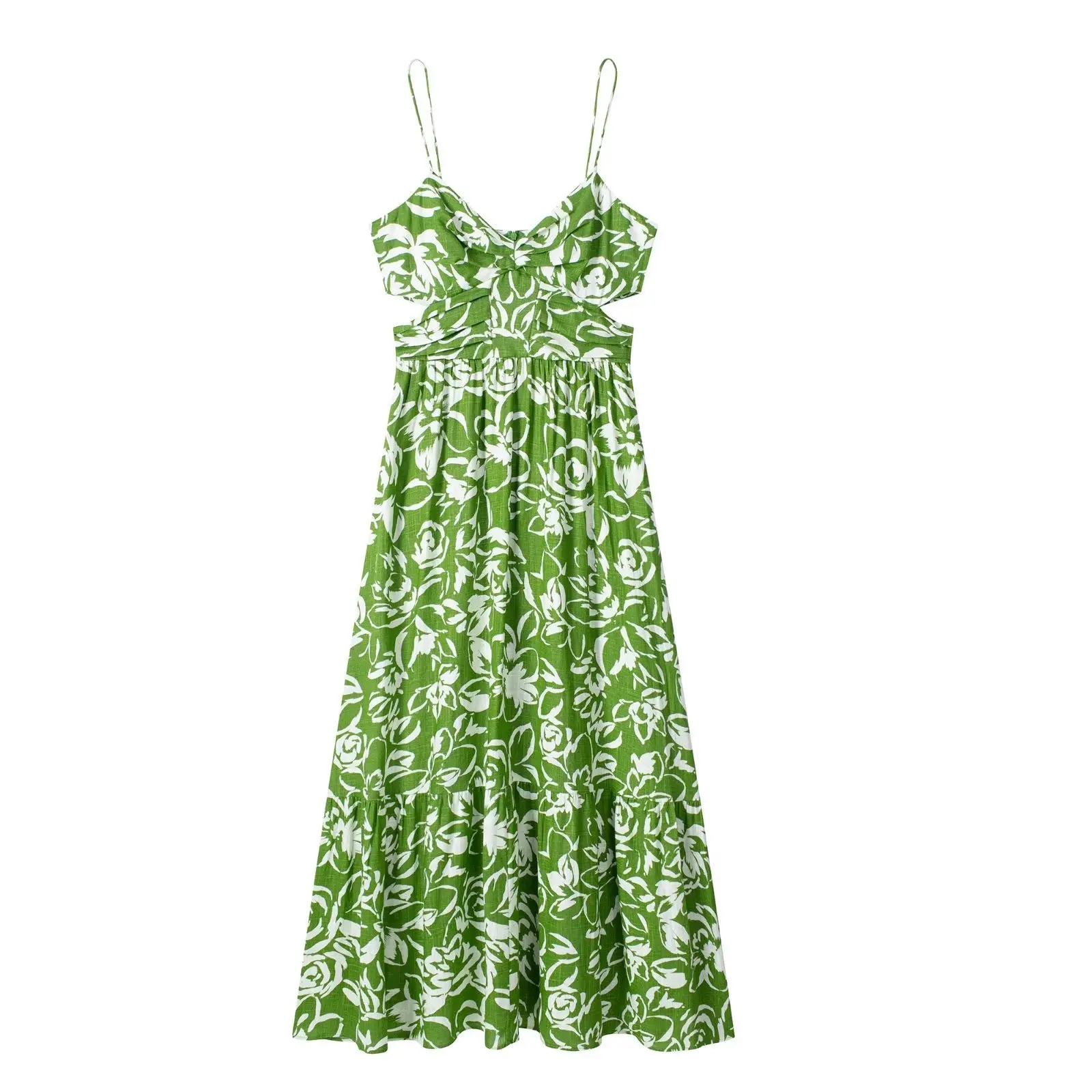 

TRAF Women Fashion With Hollow Out Printed Midi Dress Sexy Backless Zipper Thin Straps Female Dresses Vestidos Mujer
