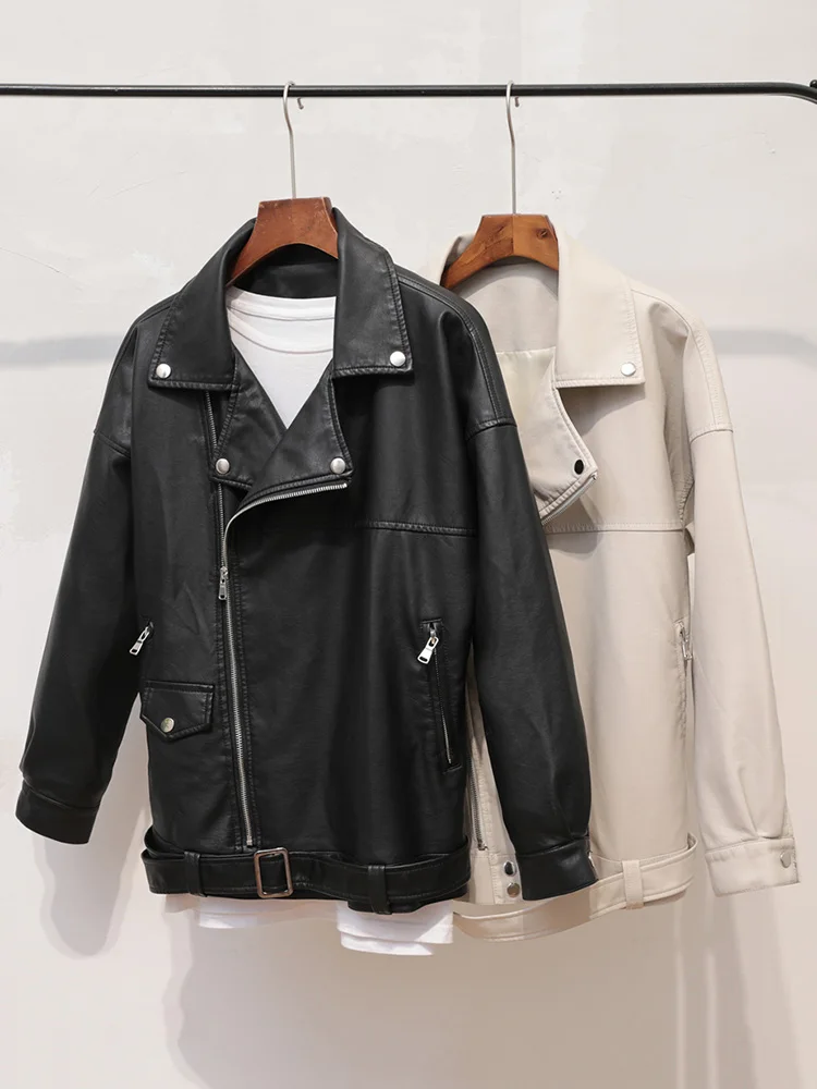 Aelegantmis Loose Women Soft Faux Leather Jacket With Belt Black Pu Leather Biker Jacket Lady Basic Coat Street Casual Outerwear