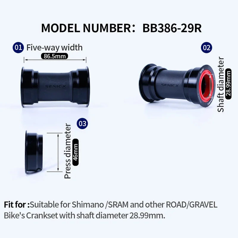 SENICX BB 386 세라믹 하단 브래킷 SRAM DUB 로드 크랭크셋 프레스핏 46mm 중앙 무브먼트 BB386 방수 자전거 부품에 적합