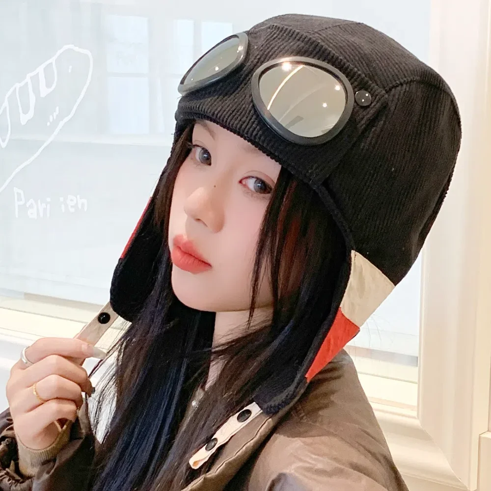New Style Bomber Hats Ear Protection Hat Fashionable Pilot Style Hat With Sunglass Outdoor Winter Cap For Female Hat Caps