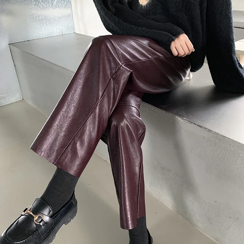 

2024PU leather pants for women autumn winter new high waist cropped pants casual loose women's Harlan baggy straight leg pants