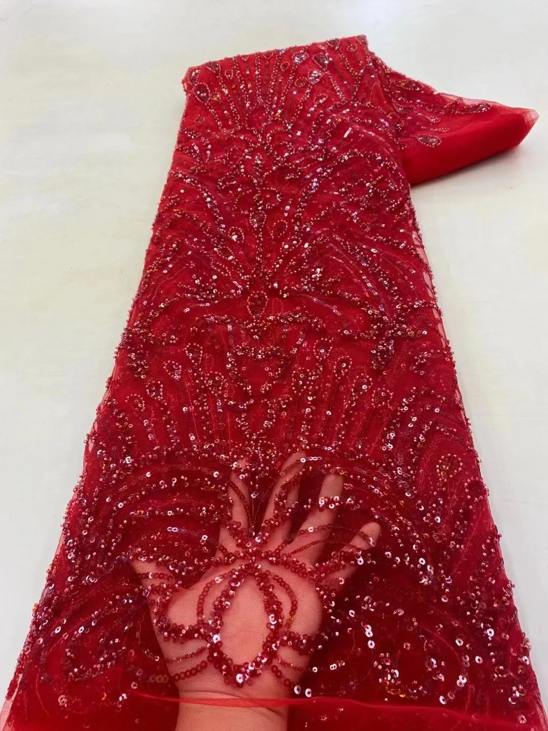 

Red Wedding Lace Fabric New High Quality Embroidery French Tulle Lace Nigeria Lace Fabric With Sequins And Beads For Party Dress